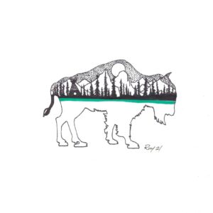 “Bison Landscape” by Bill Roy original illustration ink on paper  8.5″x 11″