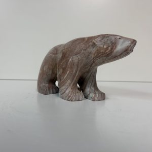 “Pink and Purple Polar Bear” original soapstone carving by Anthony Antoine – 8.5″ long