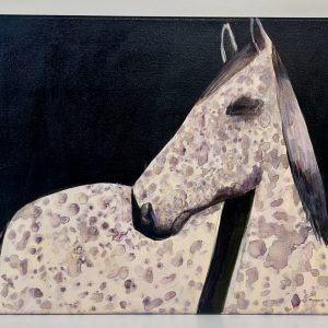 “White Spotted Horse” by Linus Woods acrylic on canvas 16″x 12″ stretched on Wood Frame
