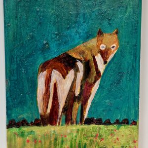 "Carberry Wolf in the Woods" by Linus Woods acrylic on canvas 8"x 10" stretched on wood frame