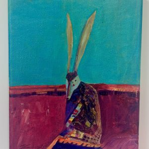 "Space Rabbit Ready for Action" by Linus Woods acrylic on canvas 8"x 10" stretched on wood frame