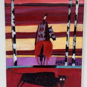 “Bison Spirit Rider Through the Birch” by Linus Woods acrylic on canvas 16″x 12″ stretched on Wood Frame