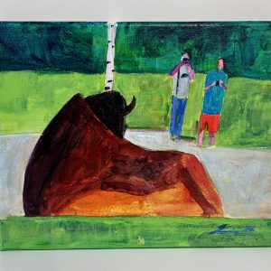 “Before Yeet – Yellowstone Grandpa Bison Attack” by Linus Woods acrylic on canvas 8″x 10″ stretched on wood frame – Framing Options