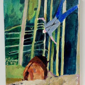 “After Yeet – Yellowstone Grandpa Bison Attack” by Linus Woods acrylic on canvas 8″x 10″ stretched on wood frame – Framing Options