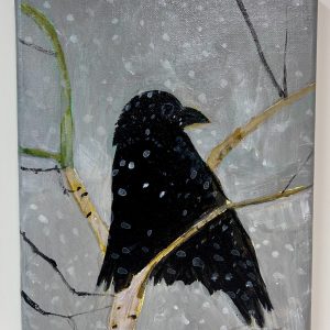 “Raven Sings to Snow” by Linus Woods acrylic on canvas 8″x 10″ stretched on wood frame – Framing Options