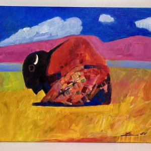 “Bison: Ready for Action” by Linus Woods acrylic on canvas 20″x 16″ stretched on Wood Frame, framing options