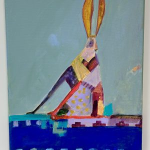 “Long Plain Rez Rabbit” by Linus Woods acrylic on canvas 8″x 10″ stretched on wood frame
