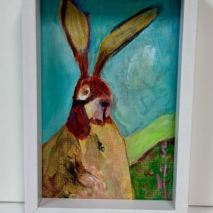 “Rabbit” by Linus Woods acrylic on 4″ x 6″ board, framing options