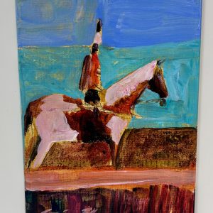 “Lone Rider” by Linus Woods acrylic on 5″ x 7″ board, unframed